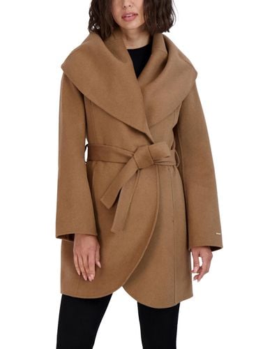 Tahari T Womens Double Face Wool Blend Wrap Coat With Oversized Collar Jacket - Brown