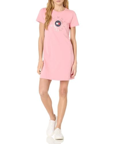 Tommy Hilfiger Short Sleeve Metallic Logo Cotton T-shirt Dress Casual - Pink