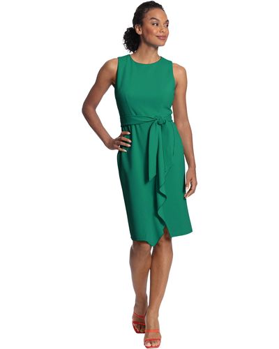 Donna Morgan Sleeveless Dress With Waist Tie And Faux Wrap Waterfall Ruffle Skirt - Green