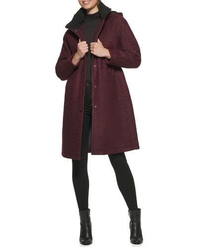 Kenneth Cole Full Zip Hooded Knee Length Boucle Wool Coat - Red