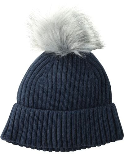 Amazon Essentials Ribbed Beanie With Faux Fur Pom Hat - Blue