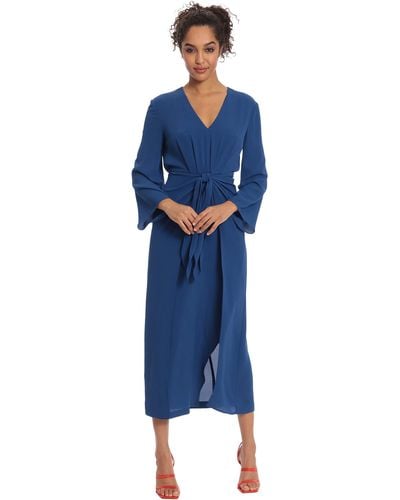 Donna Morgan Long Sleeve V-neck Midi Dress With Waist Tie - Blue