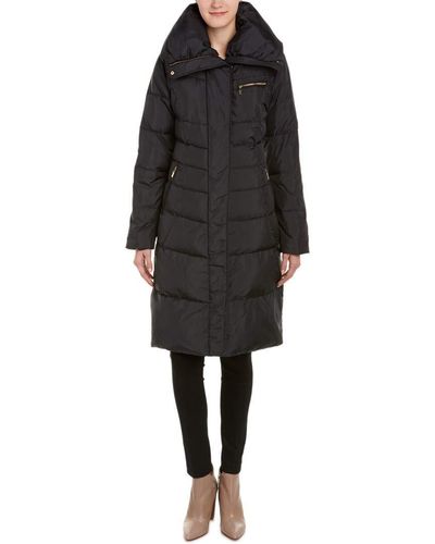Cole Haan Womens Taffeta With Bib Front And Dramatic Hood Down Alternative Outerwear Coat - Black