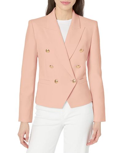 BCBGMAXAZRIA Fitted Double Breasted Blazer Long Sleeve Button V Neck Peak Lapel Functional Pocket Jacket - Pink