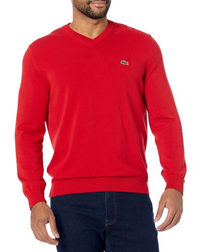 Lacoste Long Sleeve Regular Fit V-neck Organic Cotton Sweater - Red