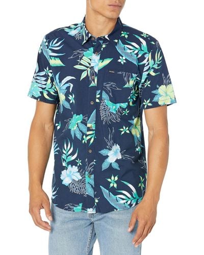 Volcom Regular Marble Floral Short Sleeve Button Down Hawaiian Shirt - Blue