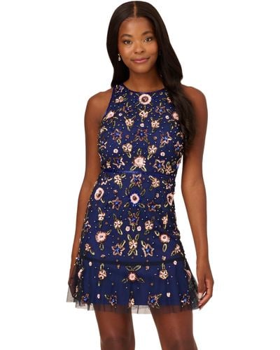 Adrianna Papell Floral Beaded Short Dress - Blue