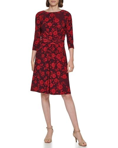 Tommy Hilfiger Fit And Flare Jersey 3/4 Sleeve Round Neck Dress - Red