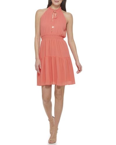 Vince Camuto Sleeveless Halter Neck Chiffon Fit & Flare Dress - Red