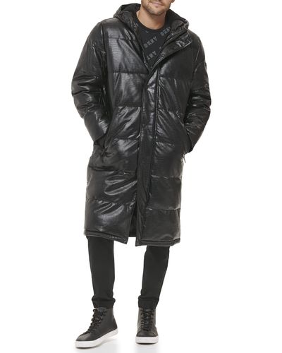 DKNY Faux Leather Long Quilted Fashion Coat - Black