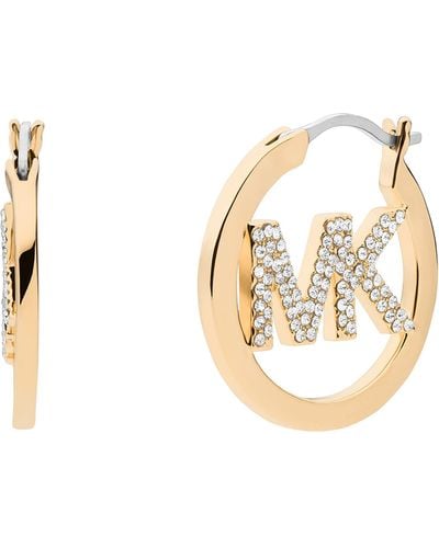 Michael Kors Brass And Pavé Crystal Mk Logo Hoop Earrings For - Metallic