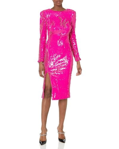 Dress the Population S Natalie Long Sleeve Round Neck Front Side Slit Bodycon Midi - Pink