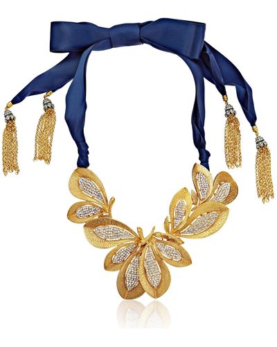 Ben-Amun Crystal And Gold-tone Floral On Ribbon Necklace - Blue
