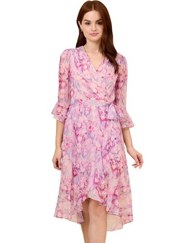 Adrianna Papell Printed Chiffon Short Dress - Pink