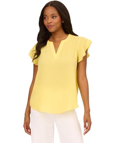 Adrianna Papell Solid Short Ruffle Sleeve Popover Blouse - Yellow