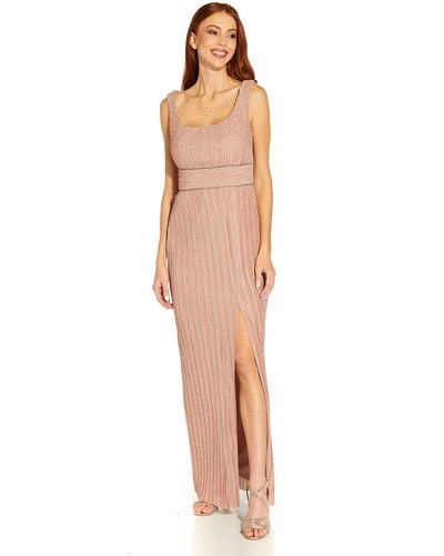 Adrianna Papell Stretch Metallic Crinkle Long Column Gown - Pink