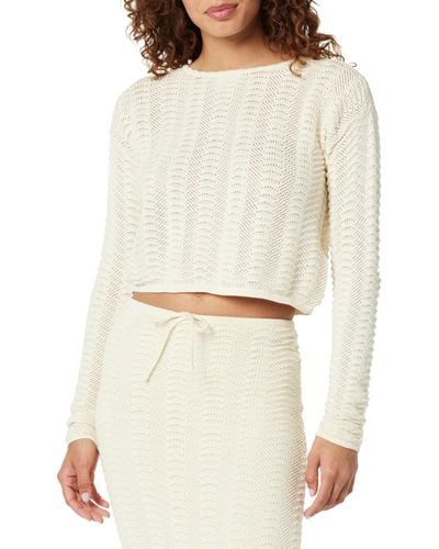 The Drop Makayla Crochet Dropped Shoulder Cropped Pullover Sweater - Weiß