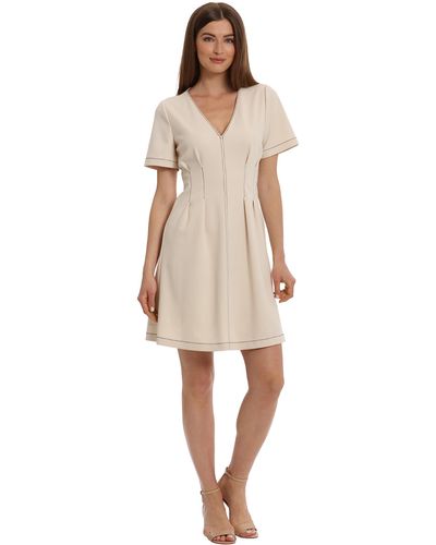 Maggy London Short Sleeve Fit And Flare Scuba Crepe Dress - Natural