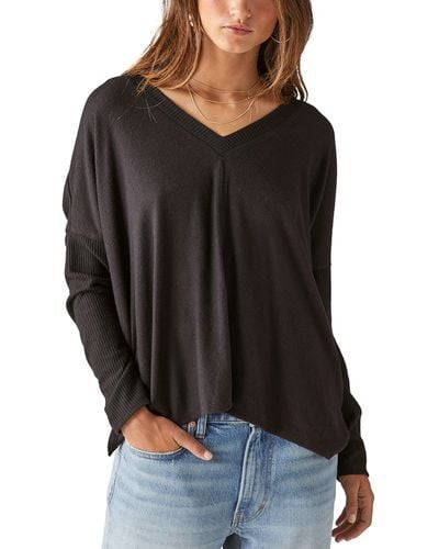 Lucky Brand Cloud Jersey Deep V-neck Ruched Top - Black