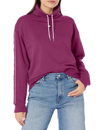Tommy Hilfiger Cowl Neck Logo Flag On Chest Pullover Draw Cords Long Sleeve - Purple