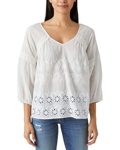 Lucky Brand Eyelet Embroidered Peasant Top - Gray