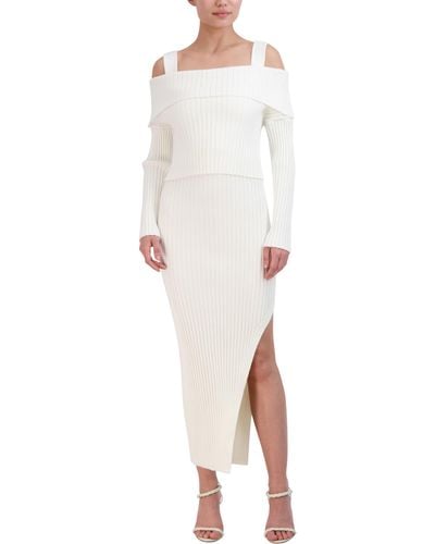BCBGMAXAZRIA Off Shoulder Long Sleeve Square Neck Two Piece Midi Sweater Dress - White