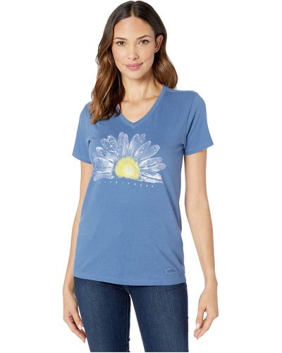 Life Is Good. Floral Print Short Sleeve Cotton Tee Graphic V-neck T-shirt - Blue