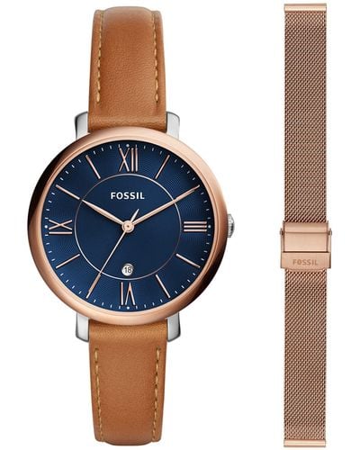 Fossil Jacqueline Quartz Stainless Steel And Leather Watch + Stainless Steel Interchangeable Watch Band Strap - Blue