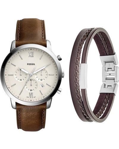 Fossil Leather Bracelet Neutra Quartz Stainless Steel And Leather Chronograph Watch - Metallic