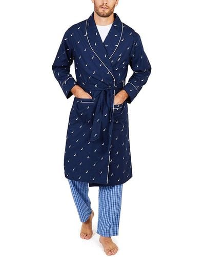Nautica Mens Long-sleeve Lightweight Cotton Woven-robe Bathrobes - Blue