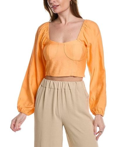 BCBGeneration Fitted Long Puff Sleeve Top Bustier Style Sweetheart Neck Smocked Shirt - Orange