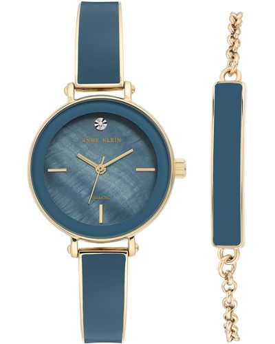 Anne Klein Genuine Diamond Dial Bangle Watch With Bracelet Set - Blue