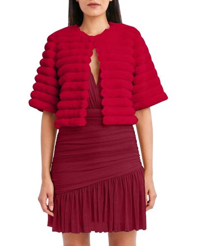 BCBGMAXAZRIA Crew Neck Relaxed Faux Fur Shrug With Elbow Sleeves - Red