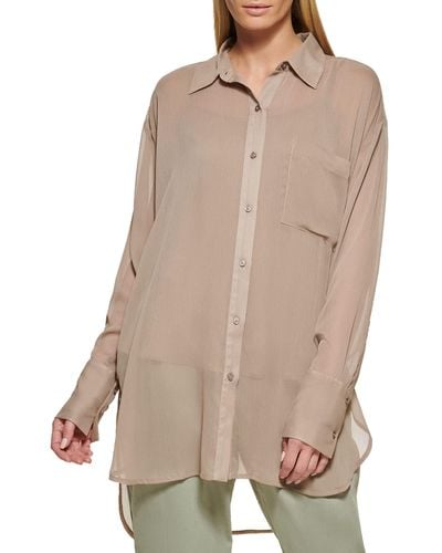 DKNY Button-down Sheer Staple Sportswear Top - Natural