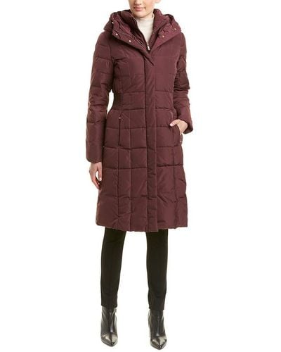 Cole Haan Knee Length Hooded Quilted Down Coat - Red