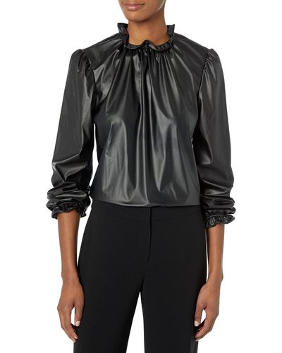 Anne Klein L/s Ruffle Nk Blouse With Cb Keyhole And - Black