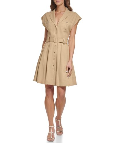 DKNY Fit And Flare Wear To Work Belted Shirt Dress - Natural