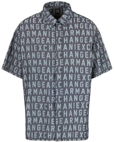 Emporio Armani A | X Armani Exchange Short Sleeve All-over Logo Denim Button Down Shirt. Regular Fit - Gray