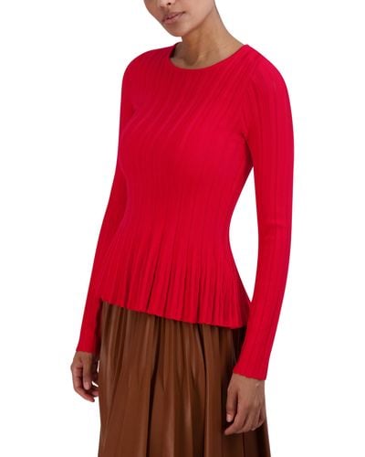 BCBGMAXAZRIA Long Sleeve Crew Neck Pullover Peplum Sweater Top - Red