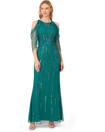 Adrianna Papell Cold Shoulder Bead Gown - Green