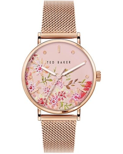 Ted Baker Phylipa Uhr mit Retro-Blumenmuster in Roségold BKPPHS237 - Pink