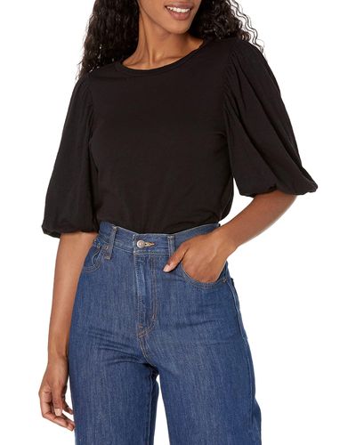 Velvet By Graham & Spencer Womens Uma Cotton Slub Puff Sleeve Tee Shirt - Black