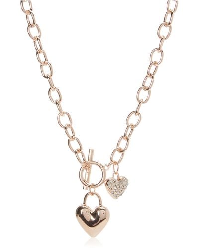 Guess Rose-gold-tone Heart Lock Charm Toggle Chain Necklace - Metallic