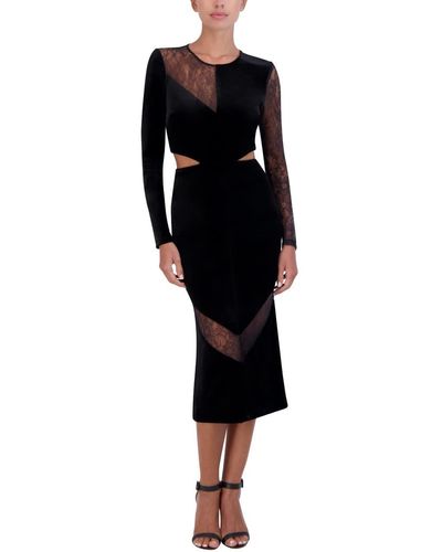 BCBGMAXAZRIA Long Sleeve Fitted Midi Cocktail Dress Round Neck Lace Trim Side Cut Outs - Black