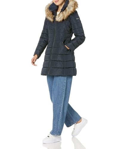 Laundry by Shelli Segal Womens Puffer With Detachable Faux Fur Hood And Large Collar Jacket - Blue