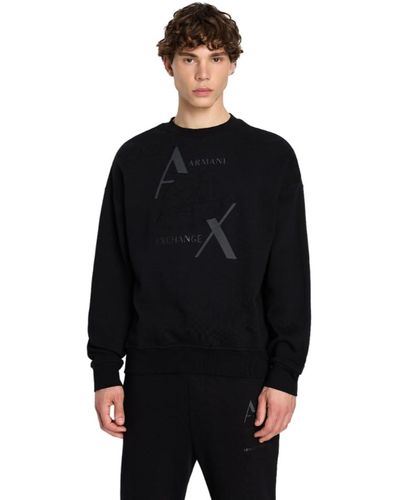 Emporio Armani A | X Armani Exchange Cotton Fleece Tonal Eagle Logo Pullover Sweatshirt - Black