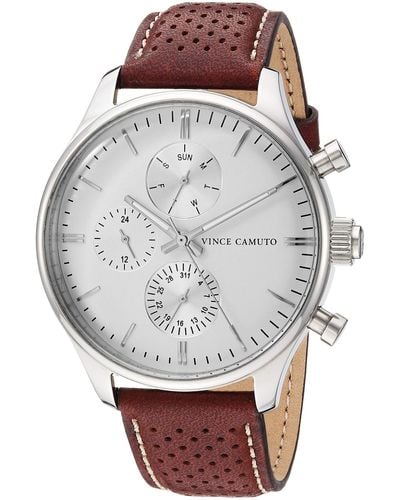 Vince Camuto Vc/1101wtbn Multi-function Silver-tone And Brown Leather Strap Watch