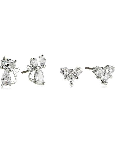 Betsey Johnson Cz Stone Delicate Cat & Bow Duo Stud Earrings Set - Multicolor