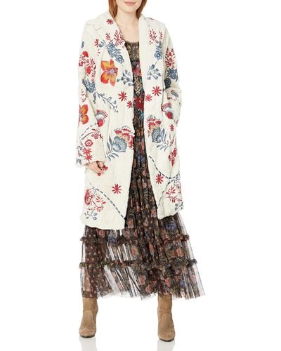 Johnny Was Biya By Cream Faux Fur Coat With Multicolored Embroidery - Natural
