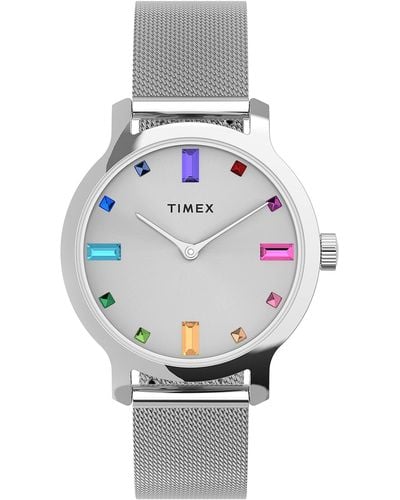 Timex Tone Case Silver-tone Dial With Multicolored Stones & Stainless Steel Mesh - Metallic